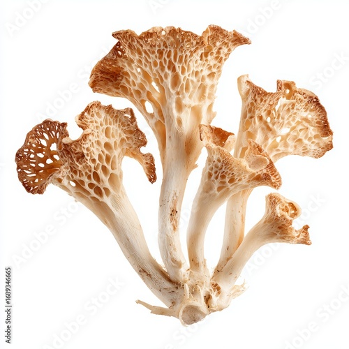 Close-up shot of a detailed, unique, dried, edible mushroom with an off-white, intricate texture. It stands out for its visual appeal 