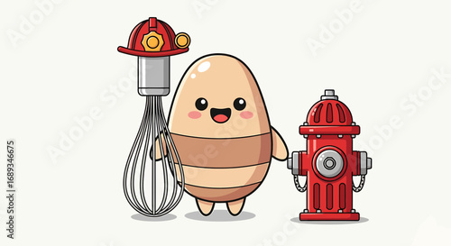 Cute egg character with firefighter helmet and whisk next to hydrant