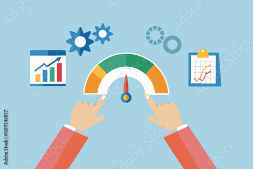 Hands adjusting a performance dashboard with charts and gears indicating business growth and efficiency