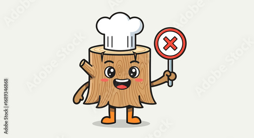 Cute cartoon tree stump character wearing chef hat holding a wrong sign