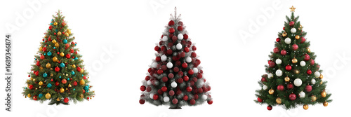Set of Christmas fir tree decorated with shiny ornaments, festive ribbons, and a Santa hat placed on top, surrounded by gift boxes on transparent png background. Ai generated