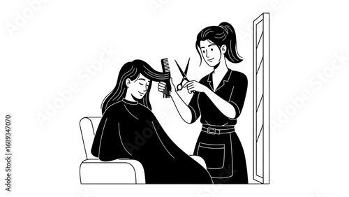Stylist with scissors and comb carefully cuts long dark hair of a seated client in a salon setting