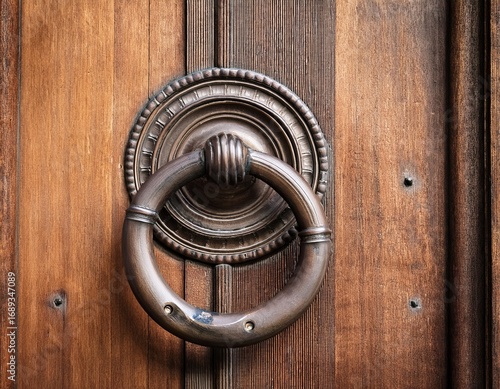 close up of an old circular door knocker hanging on a wooden door showing the texture of the wood and the metal