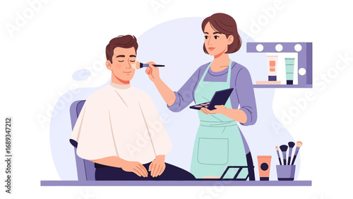 Professional makeup artist applying foundation to a male client in a beauty studio setting