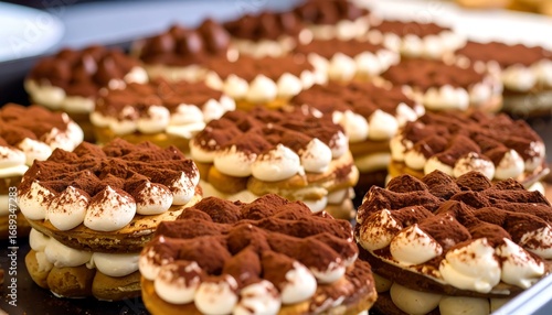 Close-up of many tiramisu desserts