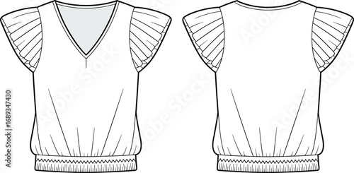 V-neck pleated sleeve blouse technical flat sketch, vector fashion cad template, women’s wear design drawing, front and back view