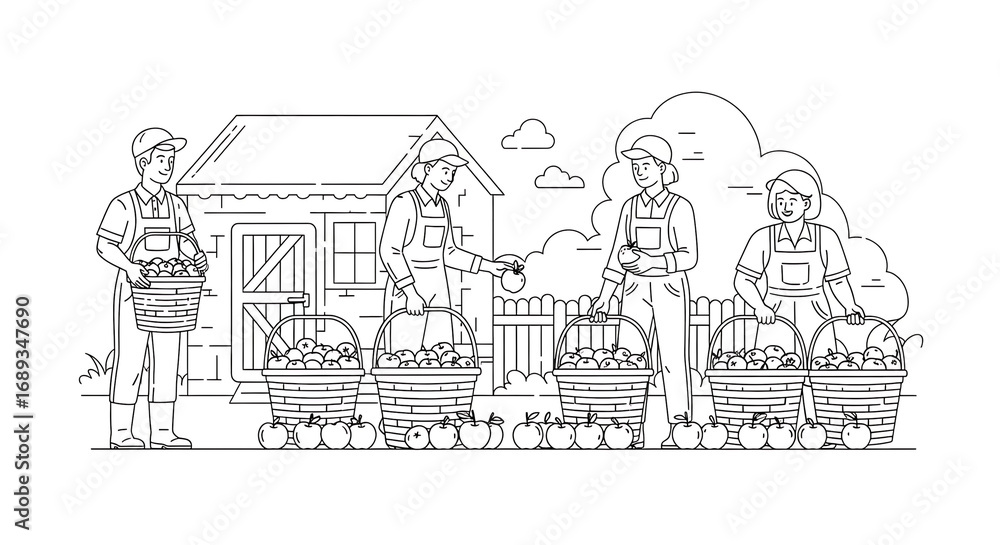 Obraz premium Line art illustration featuring apple harvest in rural scene, depicting farmers gathering ripe fruit into baskets. Apple harvest season is in full swing,