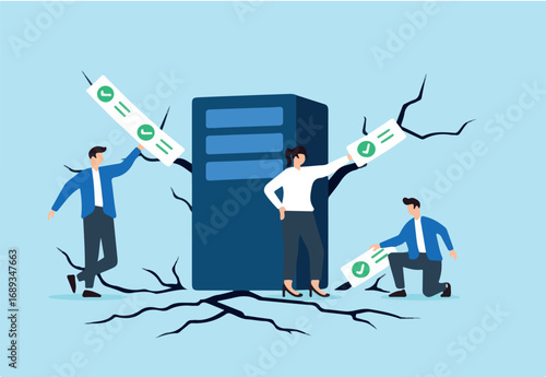 Flat illustration of three people sealing cracks around server with checklist tape to prevent data leaks and cyber threats
