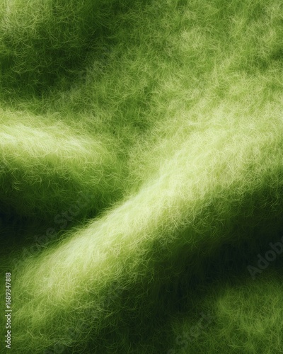 Close up of fluffy green wool knit fabric texture, soft mohair fibers with detailed surface.