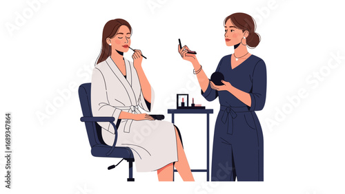 Professional makeup artist applying cosmetics to a woman sitting in a chair with a white robe