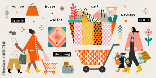 Diverse group of people enjoying shopping with colorful bags and carts illustration