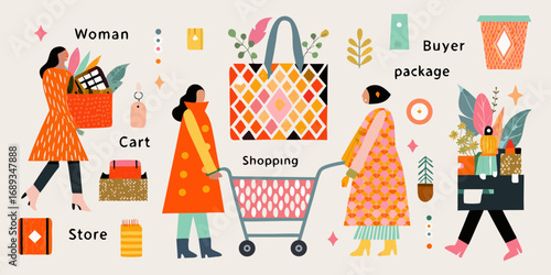 Diverse women enjoying shopping and carrying bags with colorful patterns and stylish outfits
