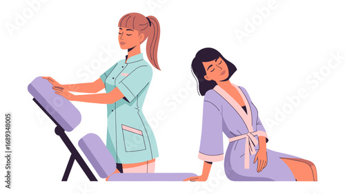 Professional massage therapist providing seated massage therapy to a relaxed client in a spa setting