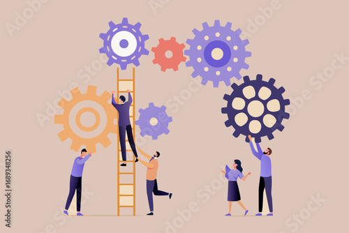 Teamwork and collaboration building a complex machine with interlocking gears and ladder