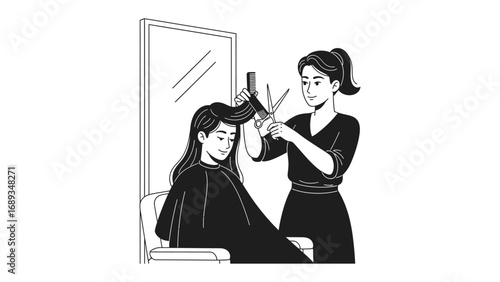 A stylist carefully cuts long dark hair while a client sits patiently in a salon chair