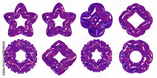 Collection of abstract purple geometric shapes with a glossy liquid texture and vibrant color variations
