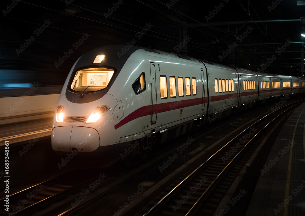 Fototapeta premium High speed train on railway track inside tunnel provides quick travel. High speed train boasts sleek, modern design, offering efficient transportation for passengers and tourists.