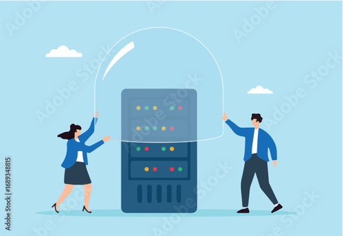 Flat illustration of two people securing server under glass dome to prevent cyber threats and ensure data protection