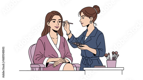 Professional makeup artist applying cosmetic products to a client s face with brushes and tools
