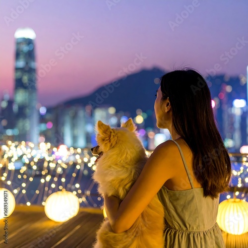 Woman and dog cityscape at twilight