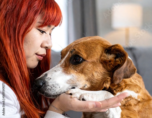 Woman and dog close up