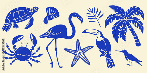 Collection of blue tropical beach and ocean elements including flamingo toucan crab turtle starfish palm trees and shells on a cream background