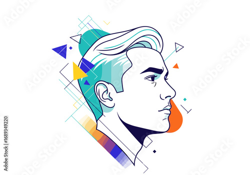 Modern graphic portrait of a man with geometric abstract shapes and vibrant color gradients