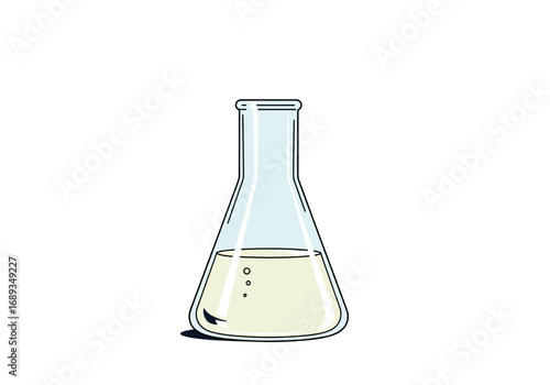 Laboratory erlenmeyer flask with clear liquid and small bubbles indicating chemical reactions or preparation in scientific research