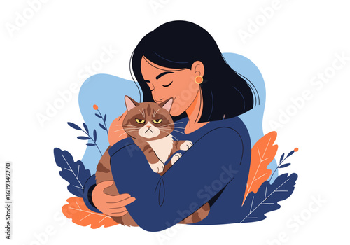 A woman comforts her grumpy cat surrounded by lush greenery and artistic blue shapes showing companionship and affection