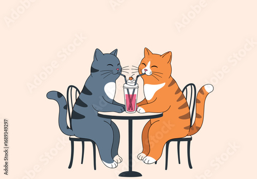 Two adorable cats enjoying a sweet treat together at a cozy cafe sharing a drink