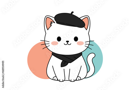 Charming white cat wearing a beret and scarf adorable parisian style