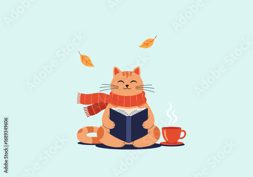 Cozy orange cat enjoys reading a book with a warm drink nearby amidst falling autumn leaves