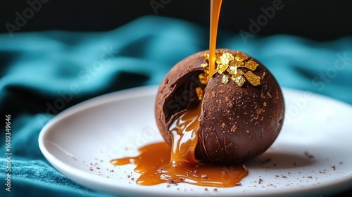 Molten chocolate sphere dessert with gold leaf garnish and caramel sauce pour, elegant fine dining presentation on white plate against blue background