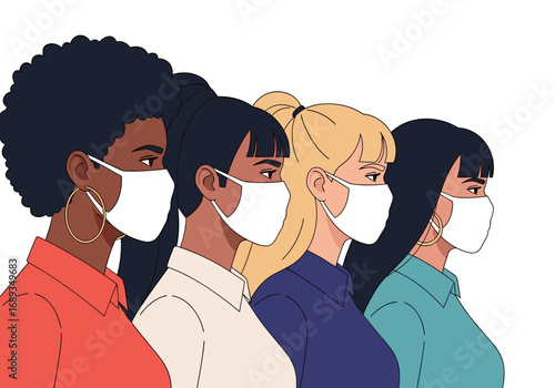 Diverse group of women wearing face masks during a health crisis or pandemic situation