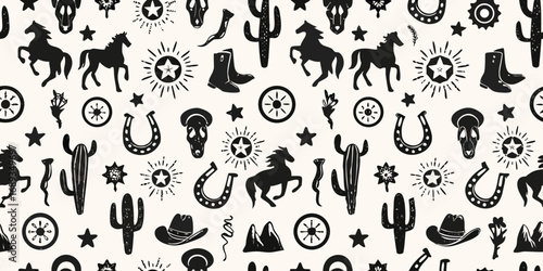 Western cowboy pattern with horses cacti boots and skulls on cream background