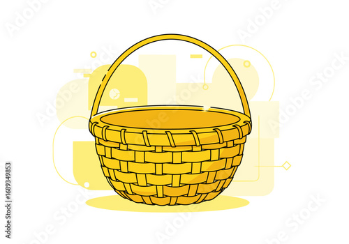 An empty yellow woven round basket with a curved handle isolated on a white background with yellow abstract shapes