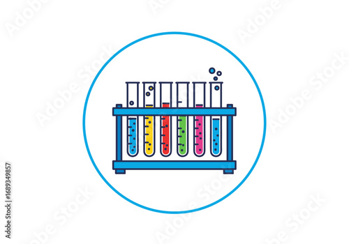 Collection of colorful chemical solutions in test tubes arranged in a rack for scientific experiments and laboratory analysis
