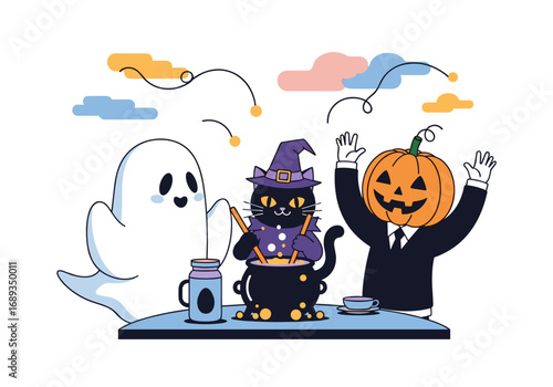 Spooky halloween characters gather for a fun night of tricks and treats together