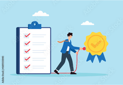 Flat illustration of quality control manager connecting wires from checklist to activate product approval badge