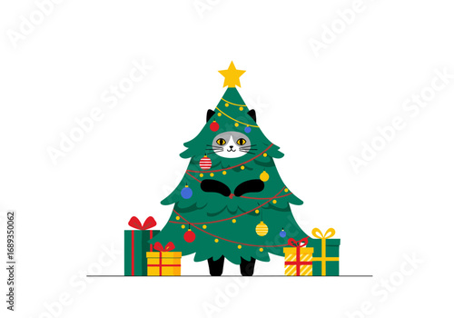 Adorable feline character dressed as a christmas tree surrounded by festive gifts and ornaments
