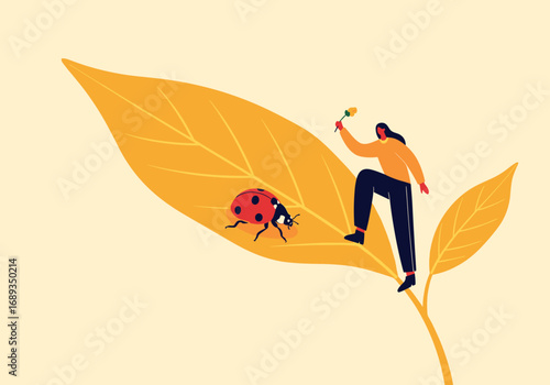 Tiny researcher discovers ladybug on large yellow leaf observing nature up close understanding biodiversity small wonders