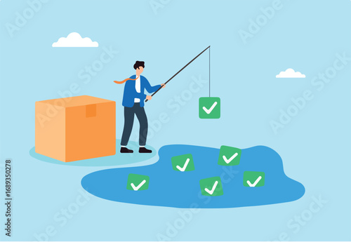 Flat illustration of quality control manager fishing checklist icons from compliance lake to certify product safety