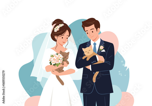 A sweet wedding couple holds their adorable cats on their special day together forever love