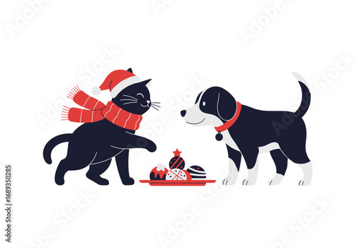 Adorable black cat wearing a santa hat and red scarf with a cute black and white puppy enjoying christmas treats together on a festive holiday