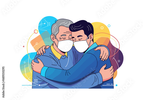 Two men wearing face masks embracing each other with eyes closed in a warm and supportive gesture representing connection and care during challenging times