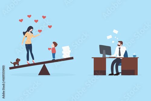 Balancing work and family life with a mother and child on a seesaw versus a father working at a desk