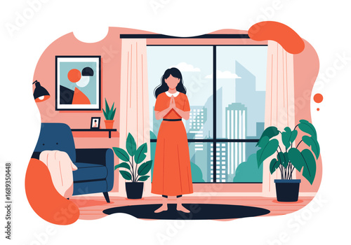 A woman practices meditation and yoga in a bright modern living room overlooking the cityscape