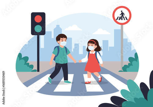 Children wearing masks safely cross a busy street at a pedestrian crossing under a traffic light