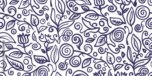 Seamless dark blue floral pattern with swirling vines and leaves on a white background