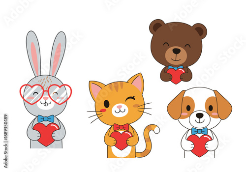 Adorable valentine animals holding sweet hearts expressing love and friendship for celebrations
